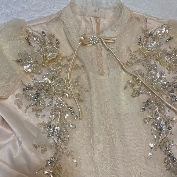 Vintage Elegant Cream Floral Embellished Prom Dress - Picture 10 of 11